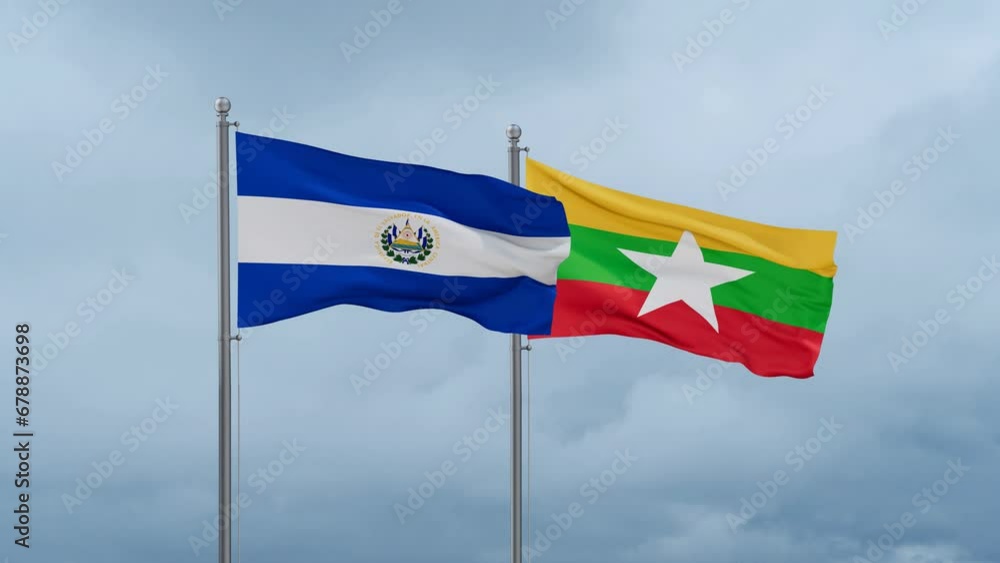 Myanmar aka Burma flag and El Salvador flag waving together on cloudy sky, endless seamless loop, two country relations concept