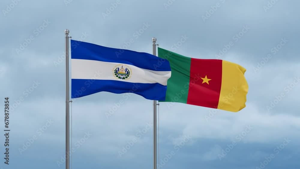 Cameroon flag and El Salvador flag waving together on cloudy sky, endless seamless loop, two country relations concept Cameroon flag and El Salvador flag waving together on cloudy sky, endless seamless loop, two country relations concept