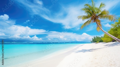 Beautiful palm tree on tropical island beach on background blue sky with white clouds and turquoise ocean on sunny day  © Creative Canvas