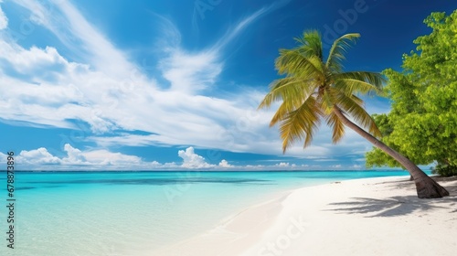 Beautiful palm tree on tropical island beach on background blue sky with white clouds and turquoise ocean on sunny day  © Creative Canvas