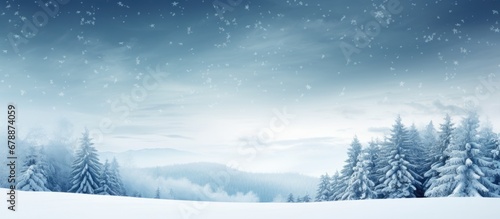 The background of the Christmas banner showcases the beauty of nature with a snowy winter landscape tall trees and mountains while the white snowflakes fall from the sky creating a serene an