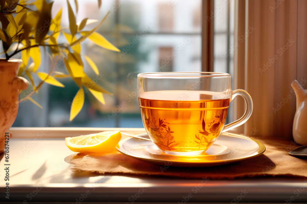 A glass of hot herbal tea on a saucer in a window sill next to a flower, A glass of hot herbal tea on a saucer in a window sill next to a flower,