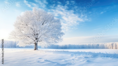 Beautiful winter landscape with a lonely snow-covered tree