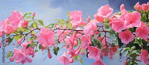 In the midst of a vibrant summer a beautiful pink trumpet vine adorned the landscape its blossoms radiating the captivating beauty of natures freshness and the enchanting allure of the pink