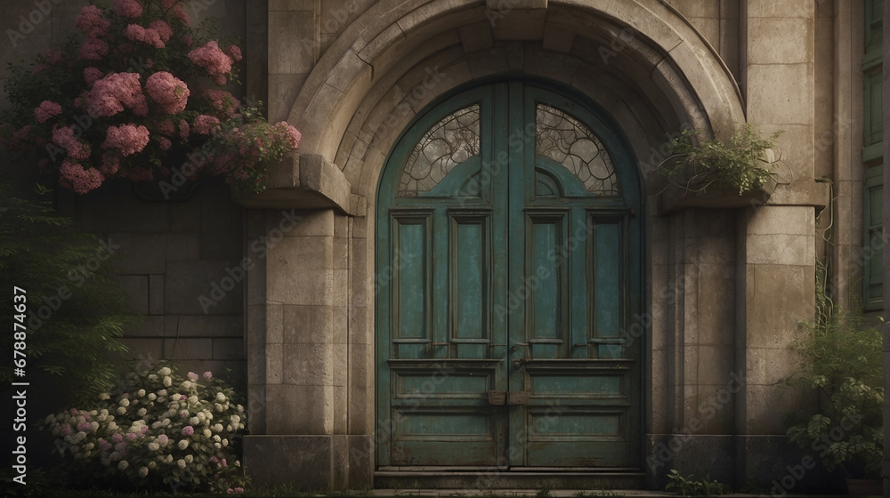 Fototapeta premium An old green door in a building and flowers on the side - AI Generative