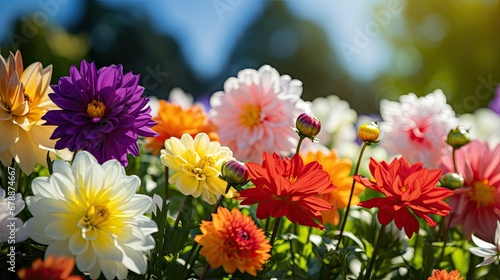  Colorful beautiful multicolored flowers Zínnia spring summer in Sunny garden in sunlight on nature outdoors 