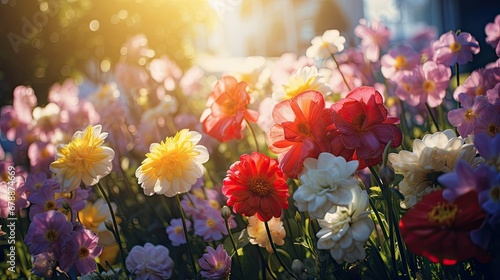  Colorful beautiful multicolored flowers Zínnia spring summer in Sunny garden in sunlight on nature outdoors  © Creative Canvas