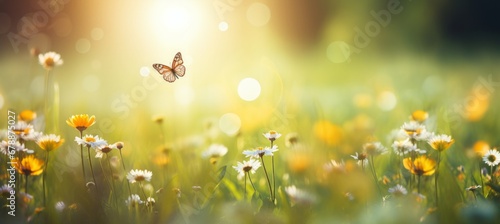 Colorful meadow with flowers, butterflies, and blurred nature backdrop ideal for text placement