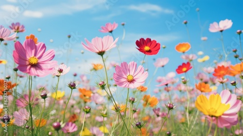 Multicolored cosmos flowers in meadow in spring summer nature against blue sky. Selective soft focus  © Creative Canvas