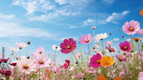 Multicolored cosmos flowers in meadow in spring summer nature against blue sky. Selective soft focus 