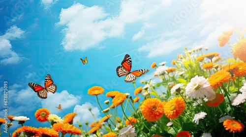 Natural landscape with many orange lantana flowers and fluttering butterflies Lycaena phlaeas against blue sky on sunny day © Creative Canvas