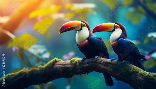 Vibrant toucan birds on branch in lush forest, with blurred green vegetation backdrop