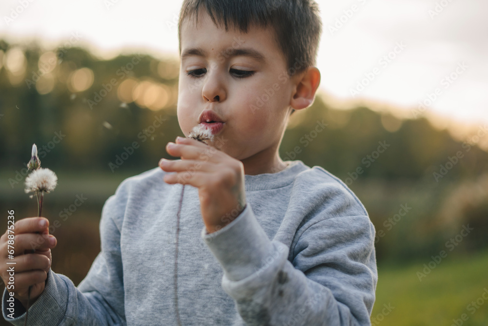 Little boy blowing dandelion seed for a whish on a meadow outdoors in autumn. Cute boy blowing fluffy dandelion, child playing on autumn nature, rural scene. Little boy blowing dandelion seed for a whish on a meadow outdoors in autumn. Cute boy blowing fluffy dandelion, child playing on autumn nature, rural scene.