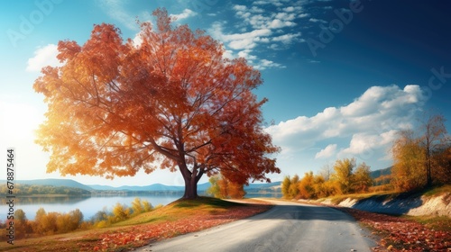 Picturesque natural autumn landscape with sun  blue sky  road and beautiful trees with red and orange foliage