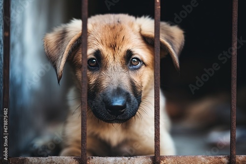 Dog puppy behind bars in animal shelter. Abandoned animals. Generative Ai