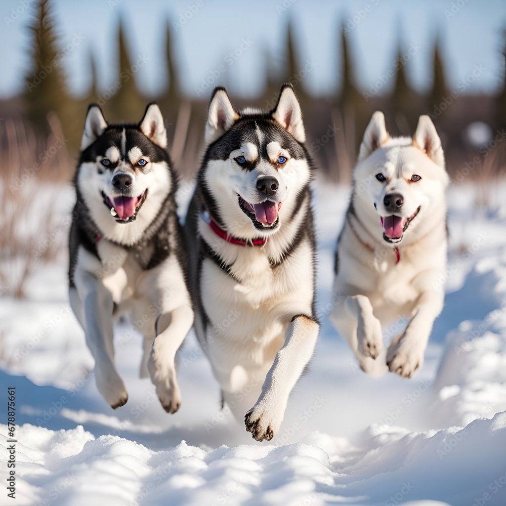 three husky dogs running in the snow three husky dogs running in the snow