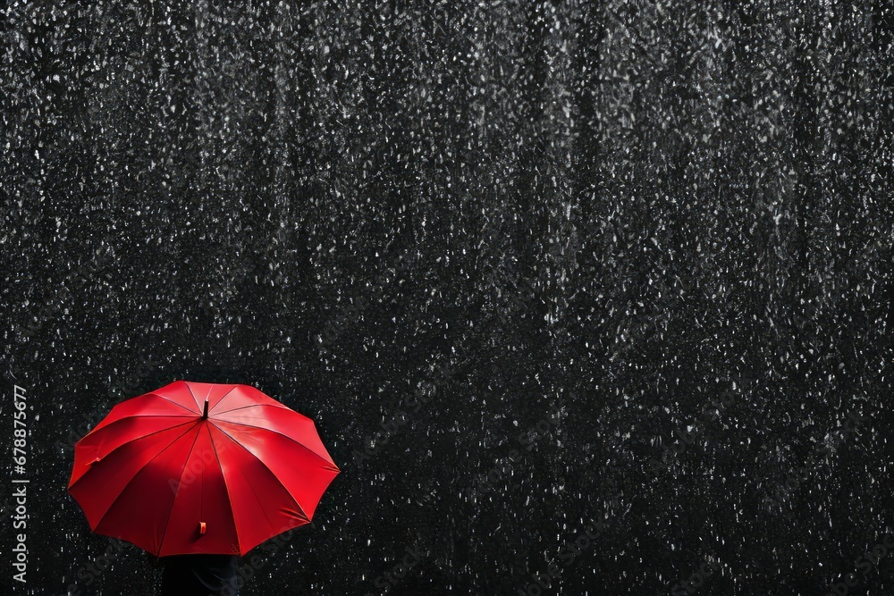 Beautiful young woman with red umbrella enjoying the rain and creating copy space for text