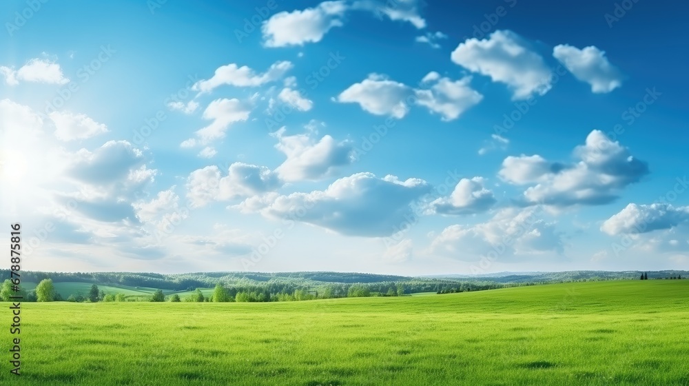 Sky and grass background, fresh green fields under the blue sky in spring
