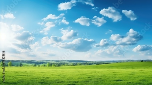Sky and grass background  fresh green fields under the blue sky in spring