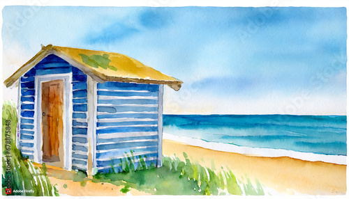 a beach house hut at sunset