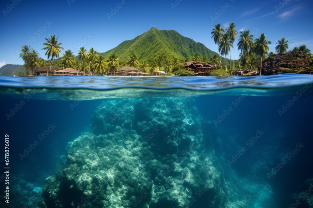 Underwater and overwater view of vibrant sea life on a sunny summer day at sandy beach