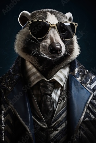 Badger dressed in a casual modern suit. Fashion portrait of an anthropomorphic animal posing with a charismatic human attitude