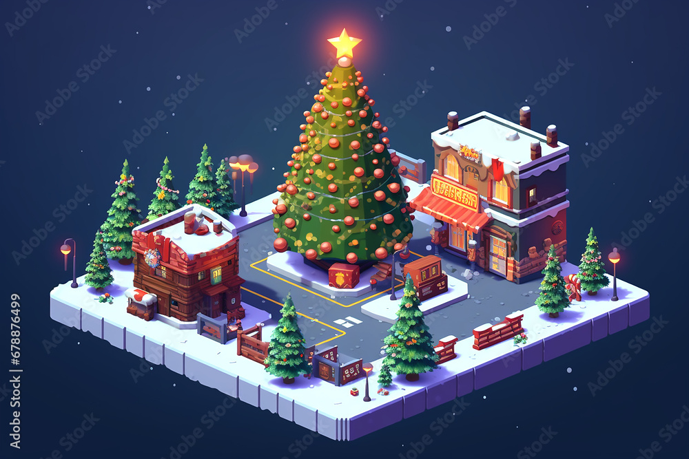 Isometric scene with Christmas decoration and christmas trees