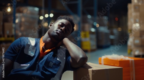 A tired male worker sweating in a hot warehouse, surrounded by boxes. Generative AI.