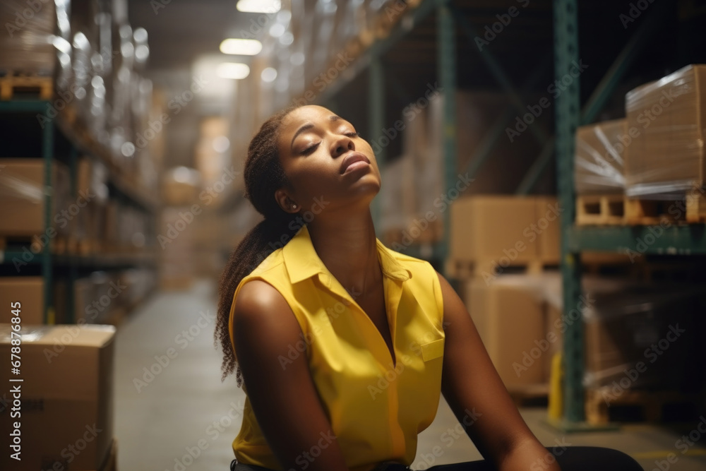 An exhausted hardworking woman managing boxes in a warehouse. Generative AI.