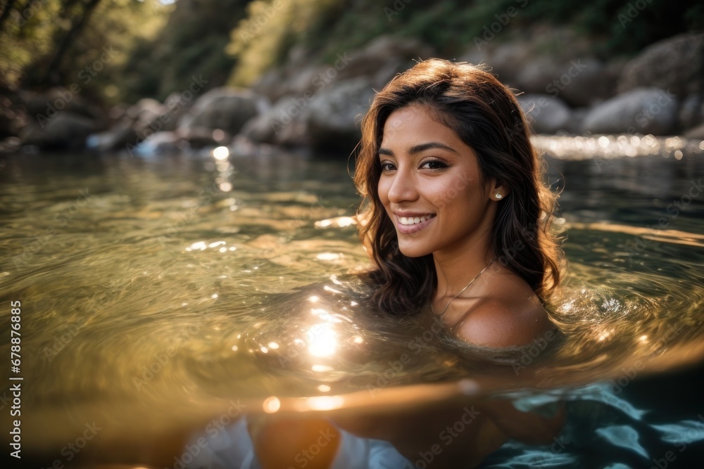 Radiant young woman by the river, donning a swimsuit, curly brown hair, and an infectious smile. Nature's beauty in every detail. AIGenerated. Radiant young woman by the river, donning a swimsuit, curly brown hair, and an infectious smile. Nature's beauty in every detail. AIGenerated.