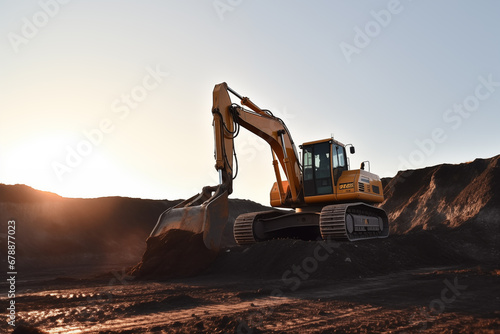 Excavator on earthmoving at open pit mining on sunset. Backhoe digs sand and gravel in quarry. Heavy construction equipment on excavation at construction site. Mining Excavator in open-pit. Open cast
