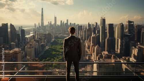 Businessman looks at the city skyline.