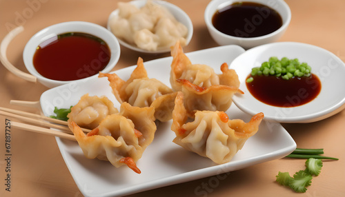 Oriental deep fried wontons filled with prawn and spring onion photo