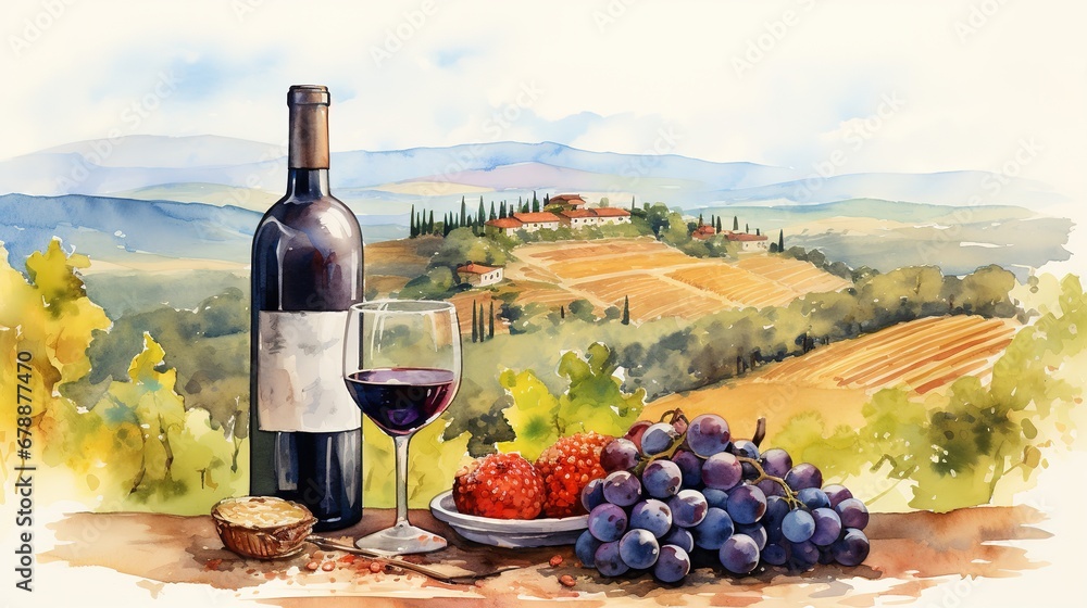 Blue Grapes, Red Wine Bottle and Wine Glass