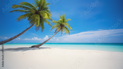 Paradise tropical beach with white sand  empty  with two palm trees bent by the wind toward the azure sky   turquoise sea.