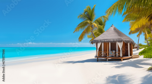 Paradise tropical beach with palm trees, seaside wooden bungalow, white sand, blue sky, & turquoise sea. photo