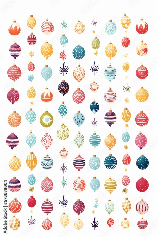 Hand drawn illustration of American style Christmas balls in christmas colors Pattern on white background, christmas theme. Vertical banner. AI generated