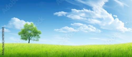 The abstract display of vibrant green grass field against the background of the clear blue sky creates an alluring summer landscape capturing the essence of nature and the concept of boundle