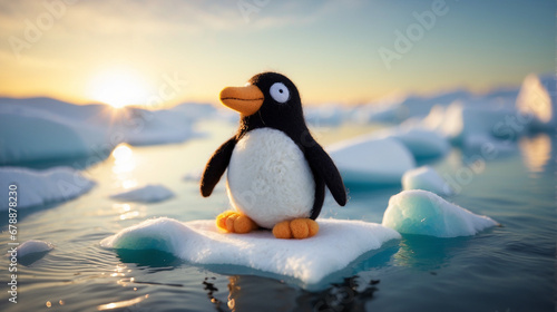 Happy felted penguin in sunny snowy felted heaven sea ice - AI Generative