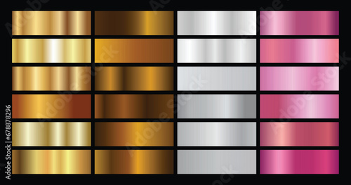 Gold rose, silver, holographic, bronze and golden foil texture gradation background set. Vector shiny hologram and metalic gradient collection for border, frame, ribbon, label design
