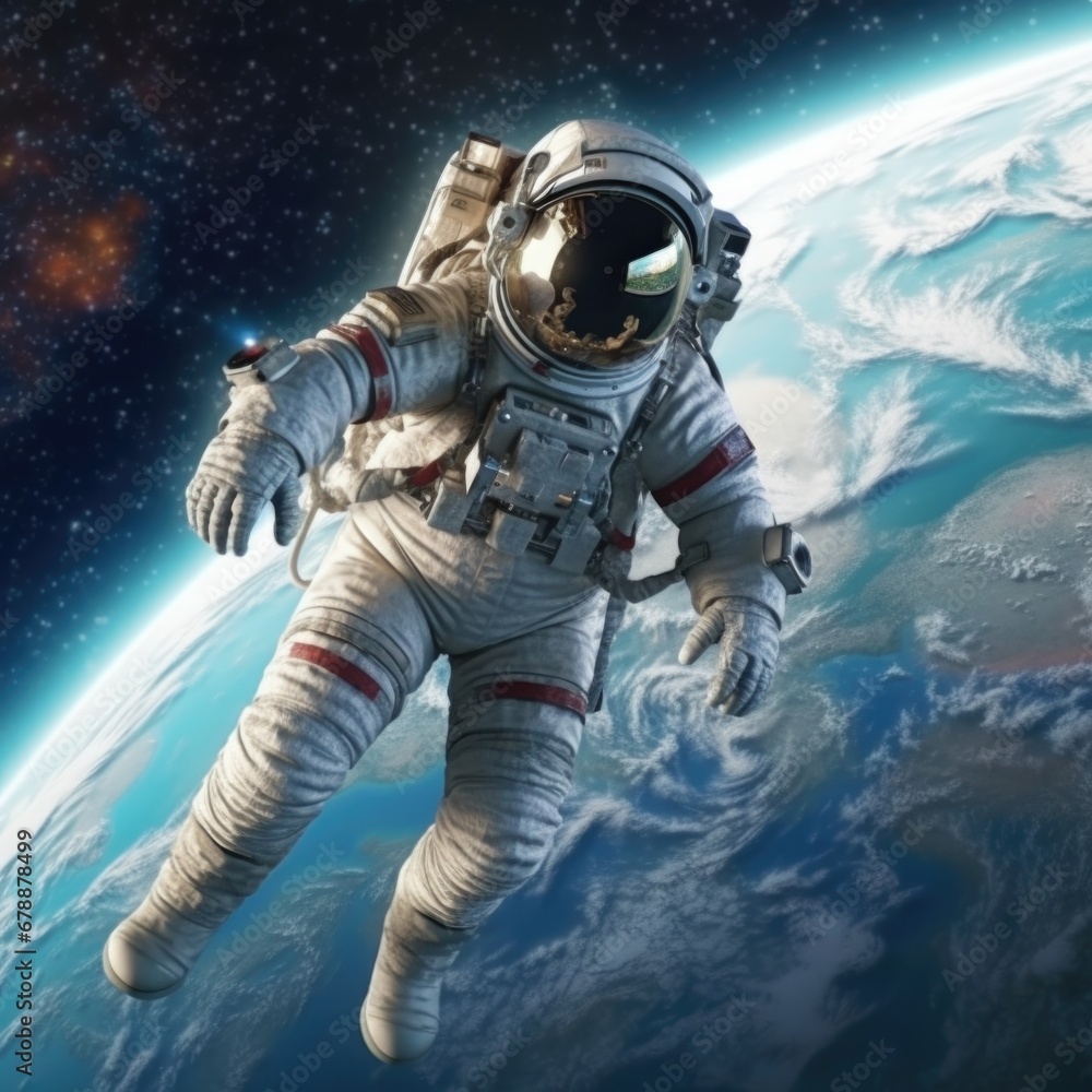 An astronaut in a spacesuit in front of the earth. Generative AI.