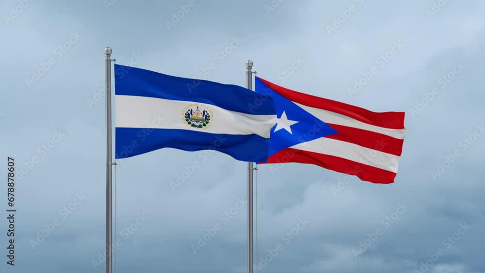 Puerto Rico and El Salvador flag waving together on cloudy sky, endless seamless loop, two country cooperation concept Puerto Rico and El Salvador flag waving together on cloudy sky, endless seamless loop, two country cooperation concept