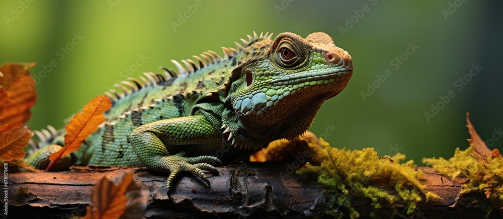 In the midst of the lush forest a majestic tree lizard perches on the brown wood blending seamlessly into its natural surroundings while the intricate details of its scales magnify in the cl In the midst of the lush forest a majestic tree lizard perches on the brown wood blending seamlessly into its natural surroundings while the intricate details of its scales magnify in the cl