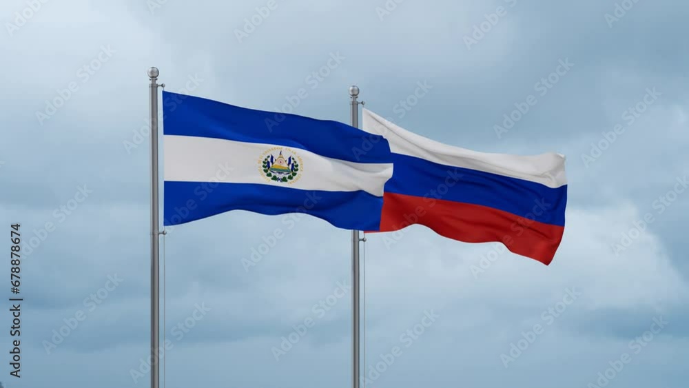 Russian Federation and El Salvador flag waving together on cloudy sky, endless seamless loop Russian Federation and El Salvador flag waving together on cloudy sky, endless seamless loop
