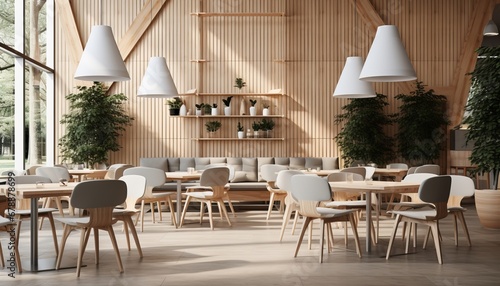 Empty modern cafe restaurant with spacious panoramic windows and stylish interior design