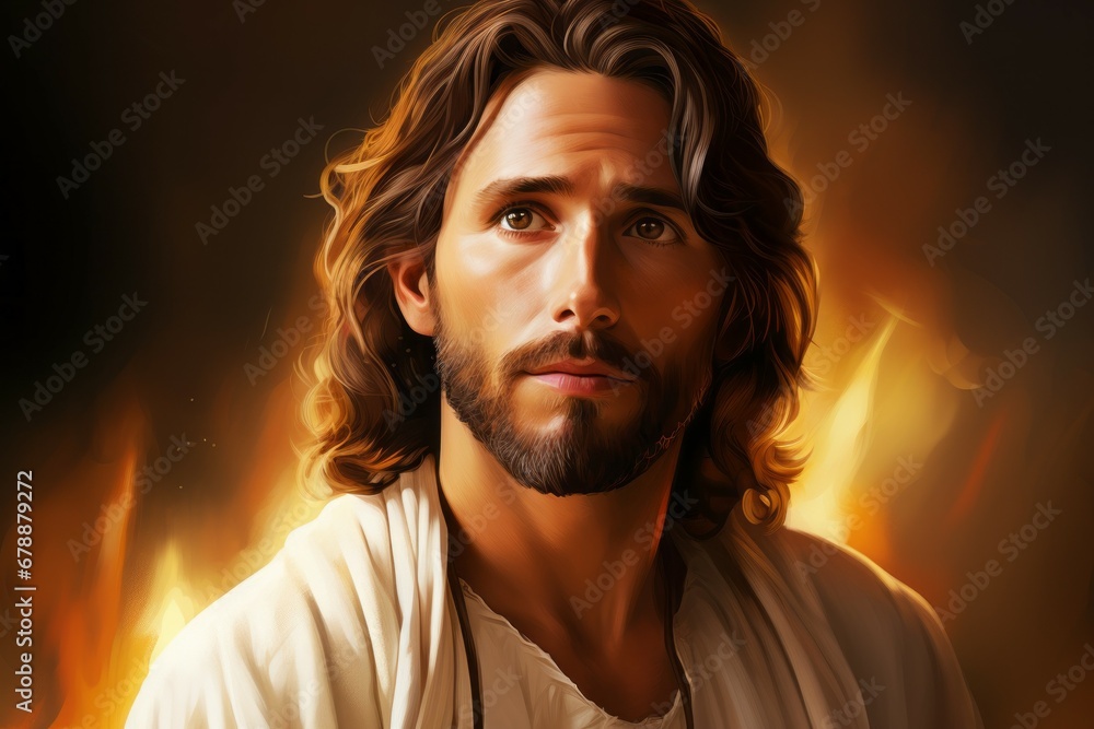 Jesus Christ in a drawing style in warm colors. Religious concept with selective focus and copy space Jesus Christ in a drawing style in warm colors. Religious concept with selective focus and copy space