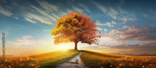 In the isolated background of nature a solitary tree stands tall on the side of a road framed by the vibrant colors of the summer sky and the light of the autumn sun its leaves transitioning