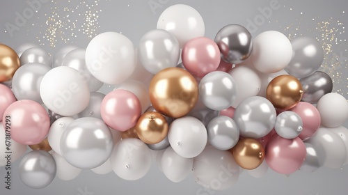 Heap of Shiny Pink, White, Silver, and Golden Balloons