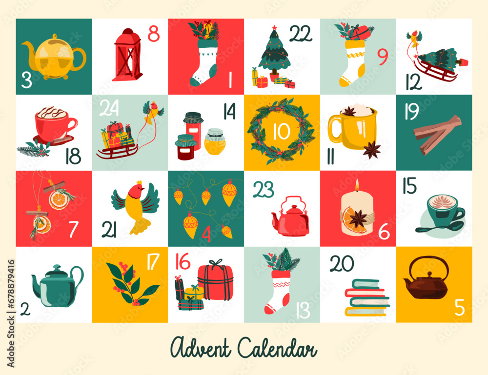 Fototapeta premium Illustration de Noël pour calendrier de l'avent, cases numérotées avec des décorations, cadeaux, sapin de Noel, tasse de thé, chocolat chaud, guirlandes et couronne