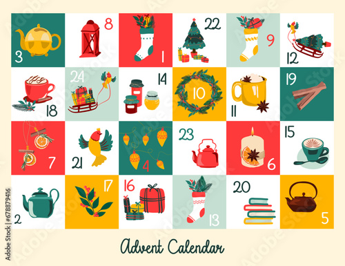 Illustration de Noël pour calendrier de l'avent, cases numérotée avec des décorations, cadeaux, sapin de Noel, tasse de thé, chocolat chaud, guirlandes et couronne
